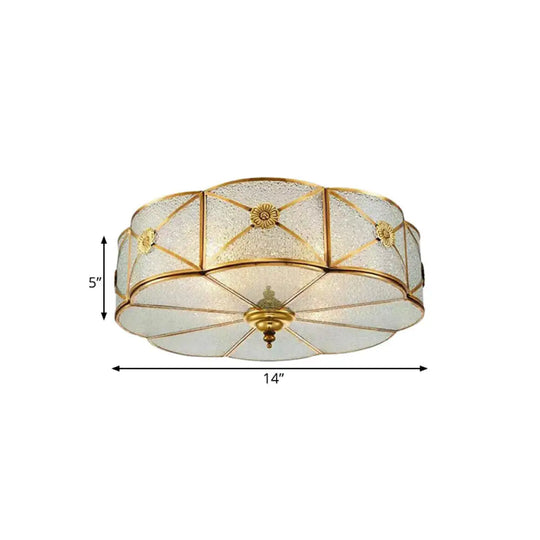 Brass Colonial Scallop Ceiling Light - Bedroom Chandelier With Seeded Glass Flush Mount 3/4/6 Bulbs
