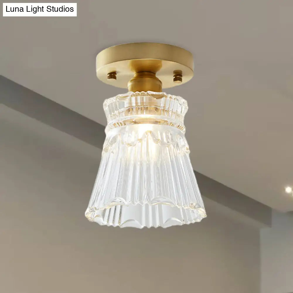 Brass Cone Ceiling Light: Industrial Semi Flush Mount With Clear Textured Glass For Living Room