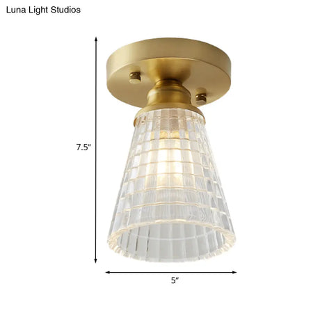 Brass Cone Ceiling Light: Industrial Semi Flush Mount With Clear Textured Glass For Living Room