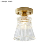 Brass Cone Ceiling Light: Industrial Semi Flush Mount With Clear Textured Glass For Living Room