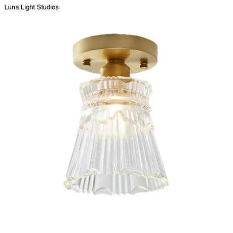 Brass Cone Ceiling Light: Industrial Semi Flush Mount With Clear Textured Glass For Living Room