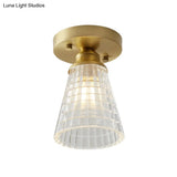 Brass Cone Ceiling Light: Industrial Semi Flush Mount With Clear Textured Glass For Living Room