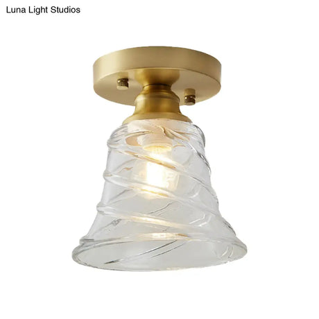 Brass Cone Ceiling Light: Industrial Semi Flush Mount With Clear Textured Glass For Living Room