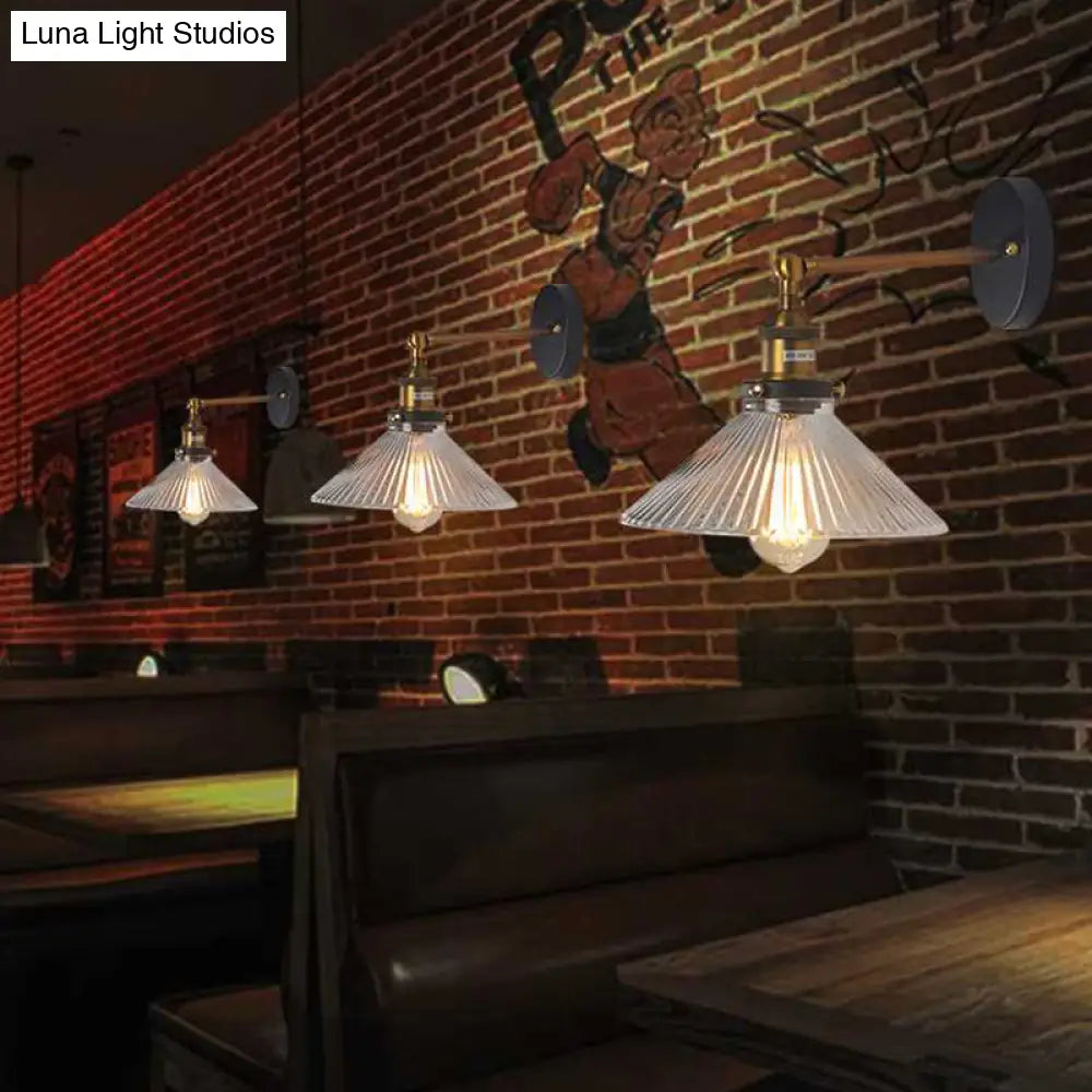 Brass Cone Wall Sconce With Clear Ribbed Glass - Industrial Living Room Lighting Fixture For Dining