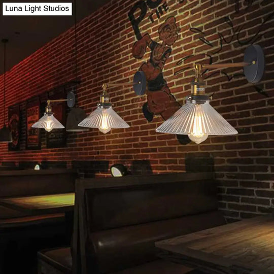 Brass Cone Wall Sconce With Clear Ribbed Glass - Industrial Living Room Lighting Fixture For Dining