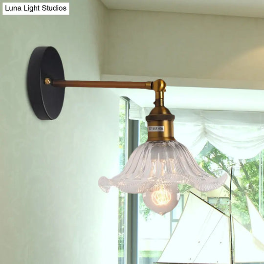 Brass Cone Wall Sconce With Clear Ribbed Glass - Industrial Living Room Lighting Fixture For Dining