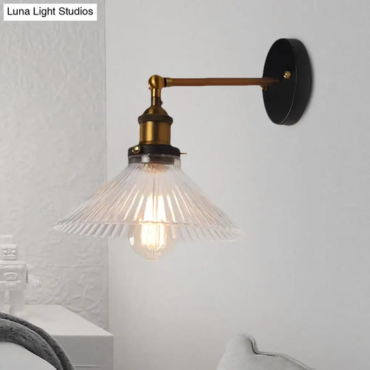 Brass Cone Wall Sconce With Clear Ribbed Glass - Industrial Living Room Lighting Fixture For Dining