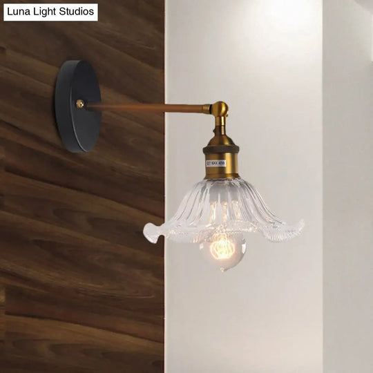 Brass Cone Wall Sconce With Clear Ribbed Glass - Industrial Living Room Lighting Fixture For Dining