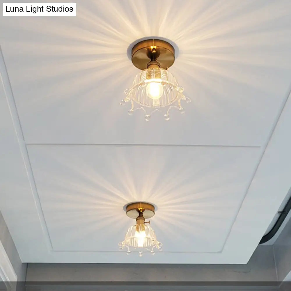Brass Crown 1 Light Ceiling With Clear Stripes Glass Shade - Contemporary Aisle Lighting Fixture