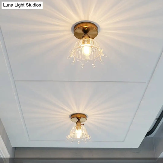 Brass Crown 1 Light Ceiling With Clear Stripes Glass Shade - Contemporary Aisle Lighting Fixture