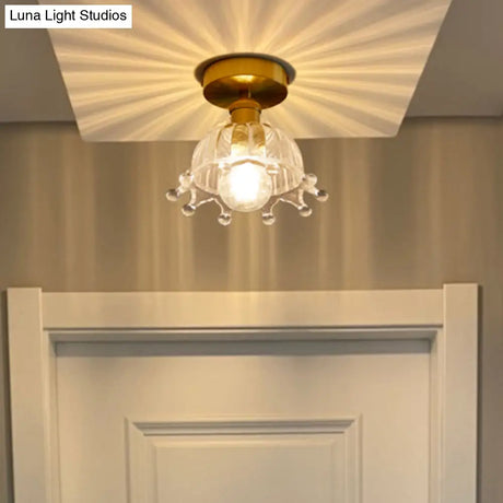 Brass Crown 1 Light Ceiling With Clear Stripes Glass Shade - Contemporary Aisle Lighting Fixture