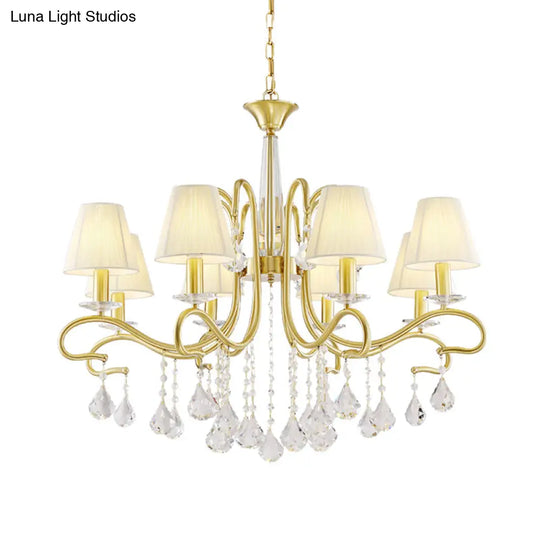 Brass Crystal Ceiling Chandelier - Country Style Swirl Arm Pendant Light With Cone Fabric Shade