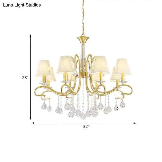Brass Crystal Ceiling Chandelier - Country Style Swirl Arm Pendant Light With Cone Fabric Shade