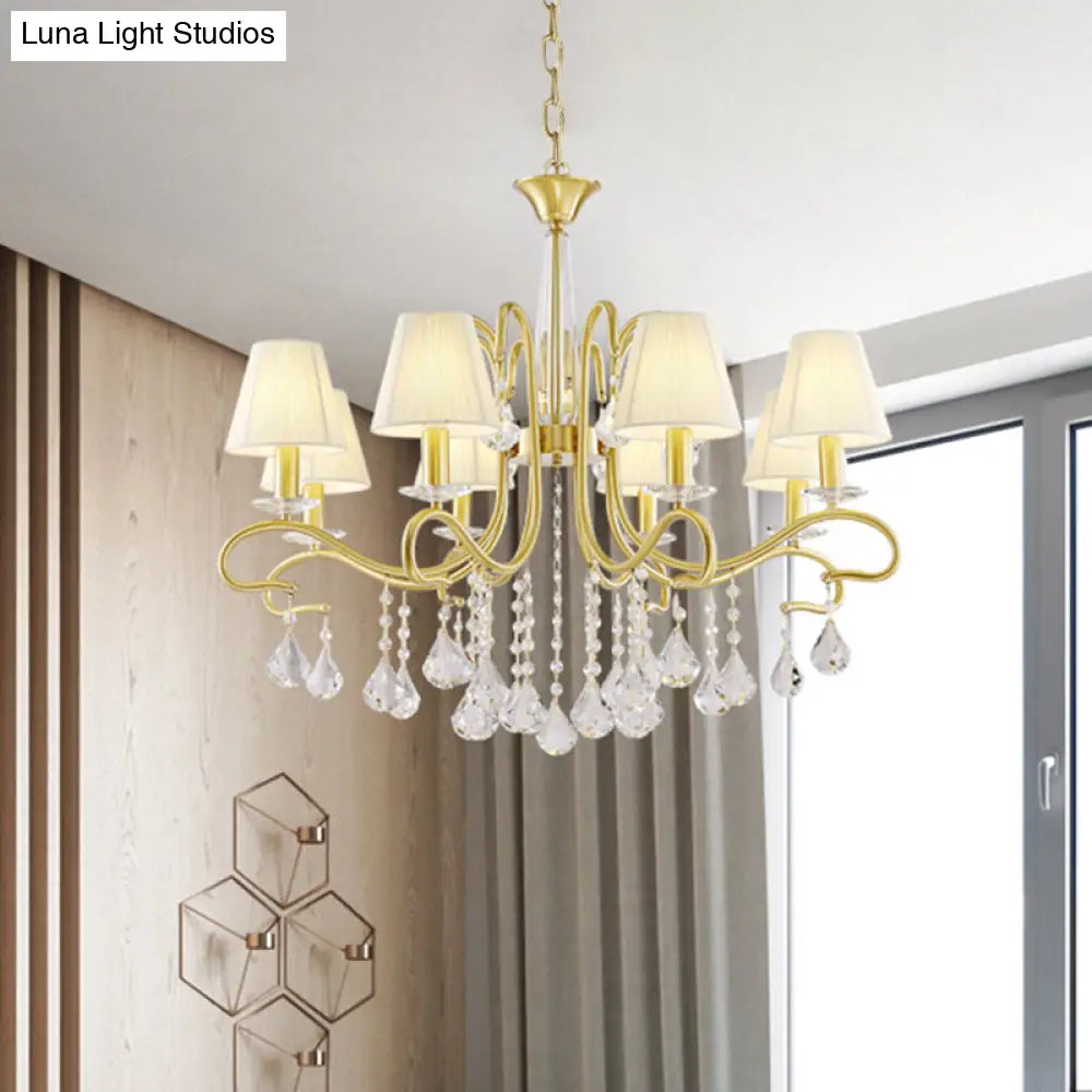 Brass Crystal Ceiling Chandelier - Country Style Swirl Arm Pendant Light With Cone Fabric Shade