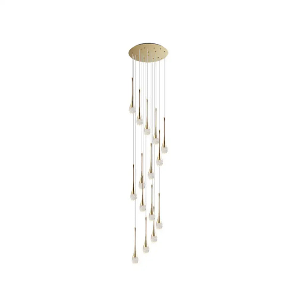 Brass Crystal Cone Pendant Light Set With Long Led Cascade - Perfect For Stairwell 15 /