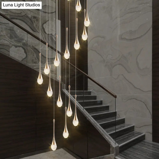 Modern Brass Crystal Hanging Led Pendant Lights - Long Cone Cascade Design For Stairwell