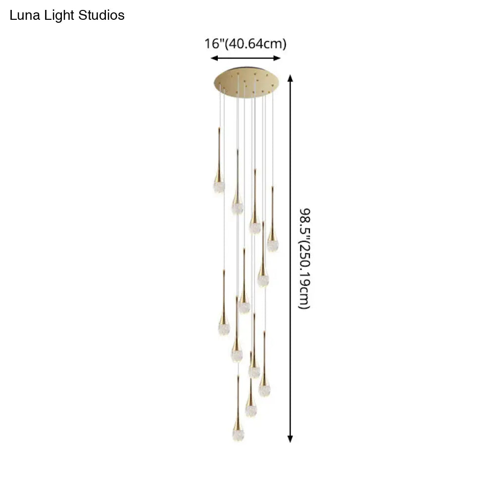 Modern Brass Crystal Hanging Led Pendant Lights - Long Cone Cascade Design For Stairwell