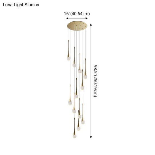 Modern Brass Crystal Hanging Led Pendant Lights - Long Cone Cascade Design For Stairwell