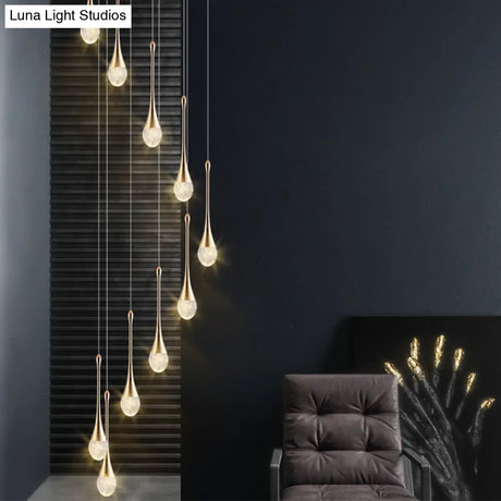 Brass Crystal Cone Pendant Light Set With Long Led Cascade - Perfect For Stairwell
