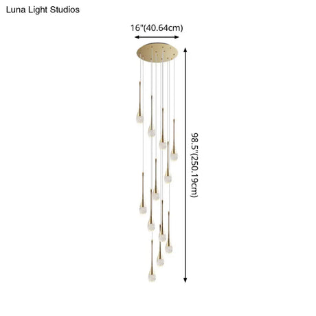 Brass Crystal Cone Pendant Light Set With Long Led Cascade - Perfect For Stairwell