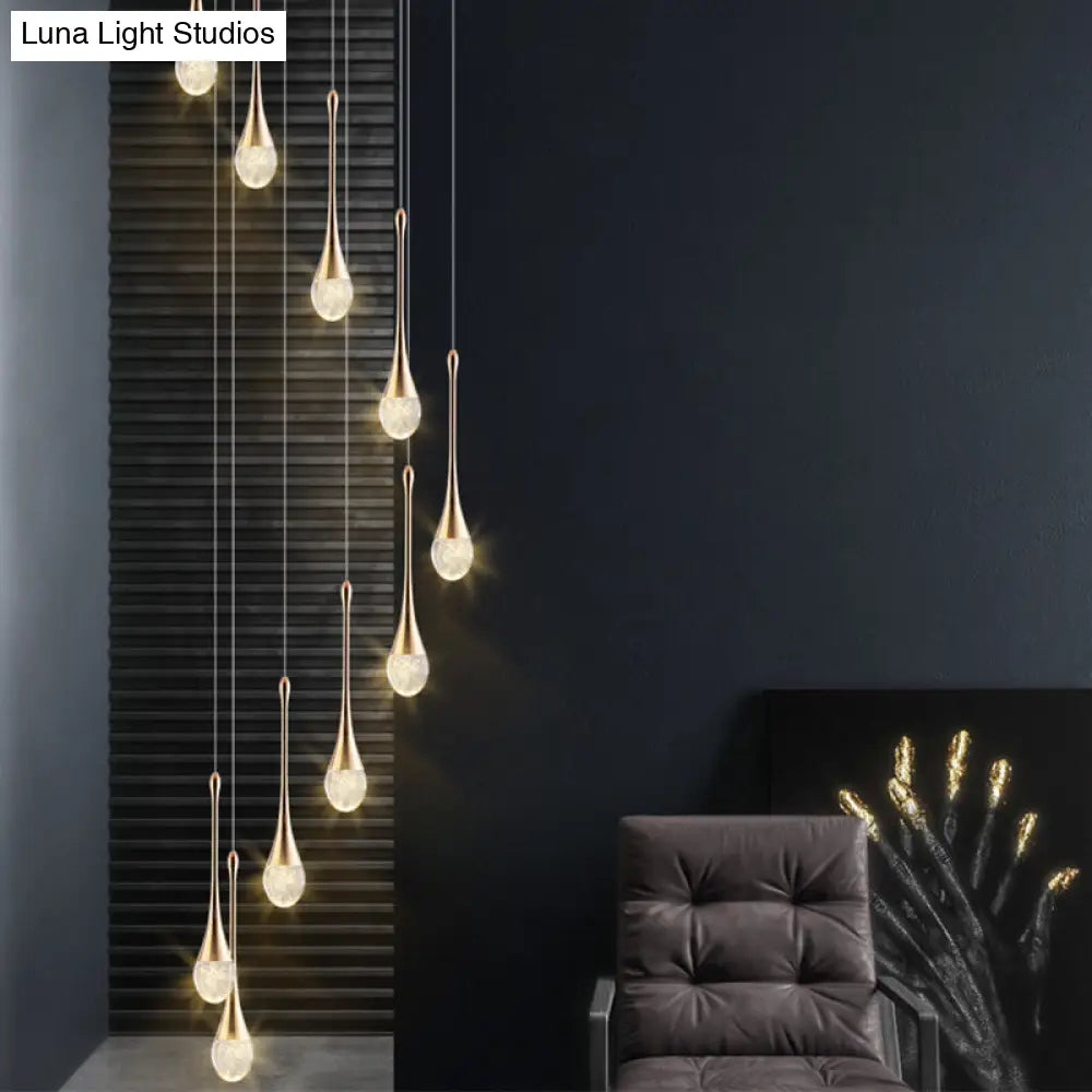 Modern Brass Crystal Hanging Led Pendant Lights - Long Cone Cascade Design For Stairwell