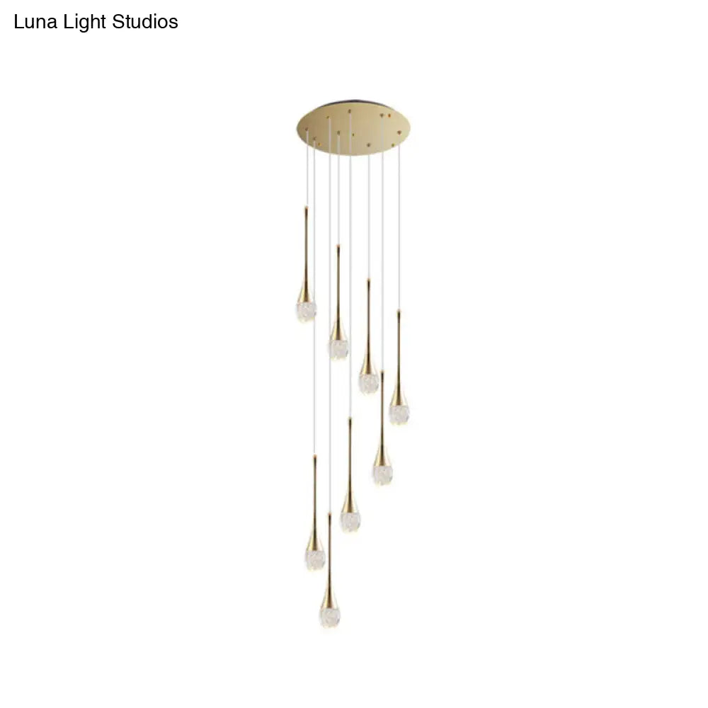 Modern Brass Crystal Hanging Led Pendant Lights - Long Cone Cascade Design For Stairwell 8 /