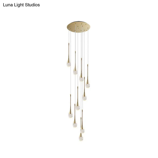 Modern Brass Crystal Hanging Led Pendant Lights - Long Cone Cascade Design For Stairwell 10 /
