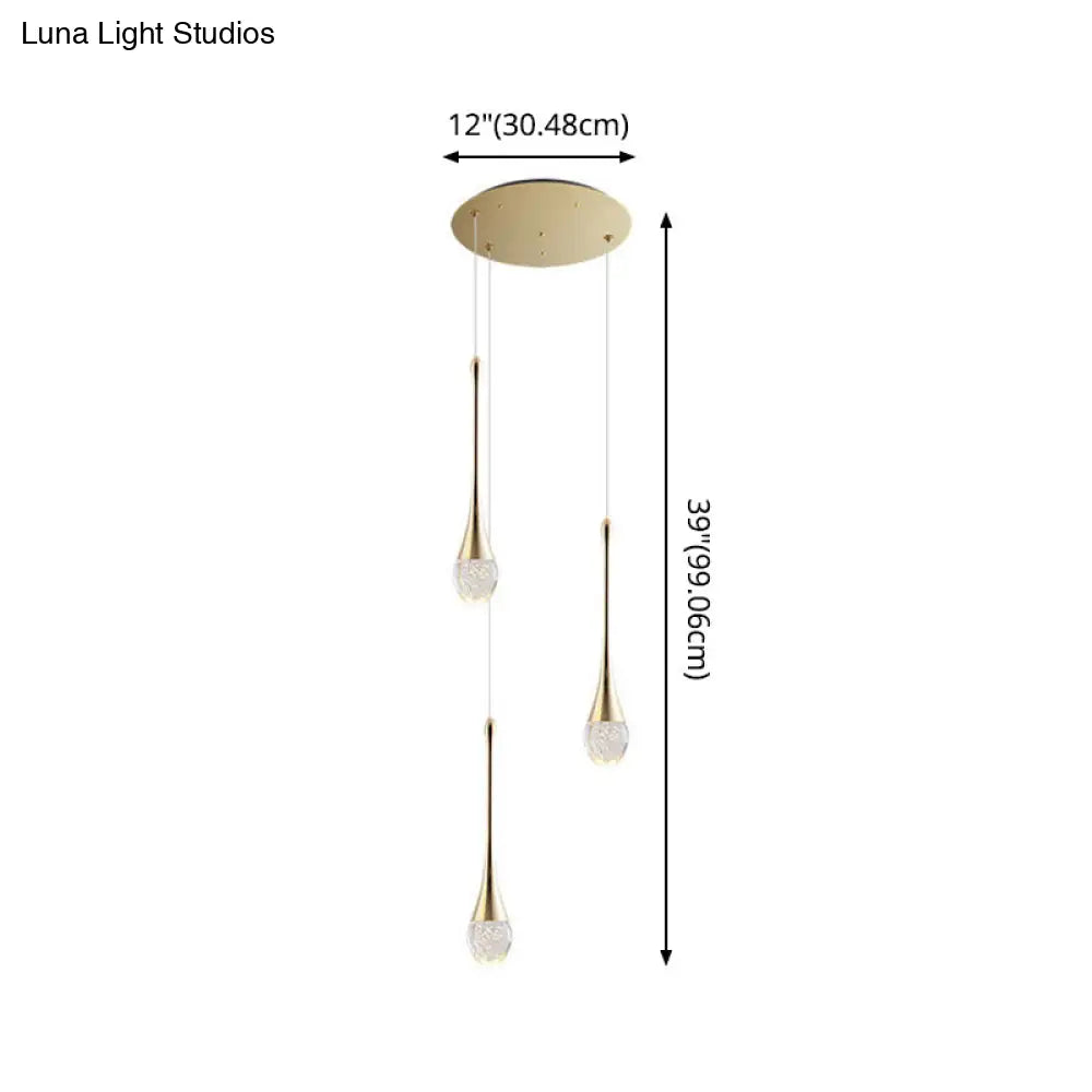 Modern Brass Crystal Hanging Led Pendant Lights - Long Cone Cascade Design For Stairwell