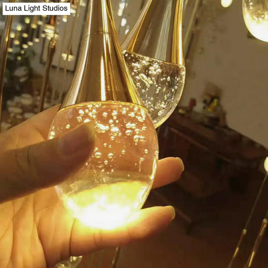 Modern Brass Crystal Hanging Led Pendant Lights - Long Cone Cascade Design For Stairwell