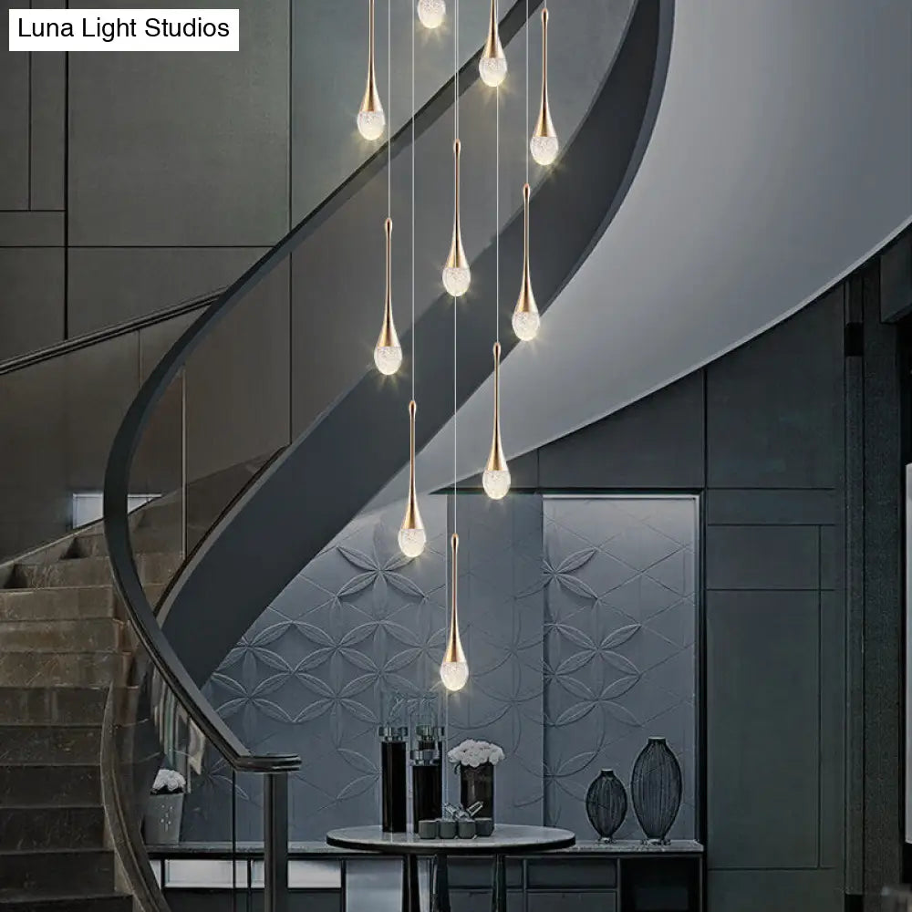 Modern Brass Crystal Hanging Led Pendant Lights - Long Cone Cascade Design For Stairwell