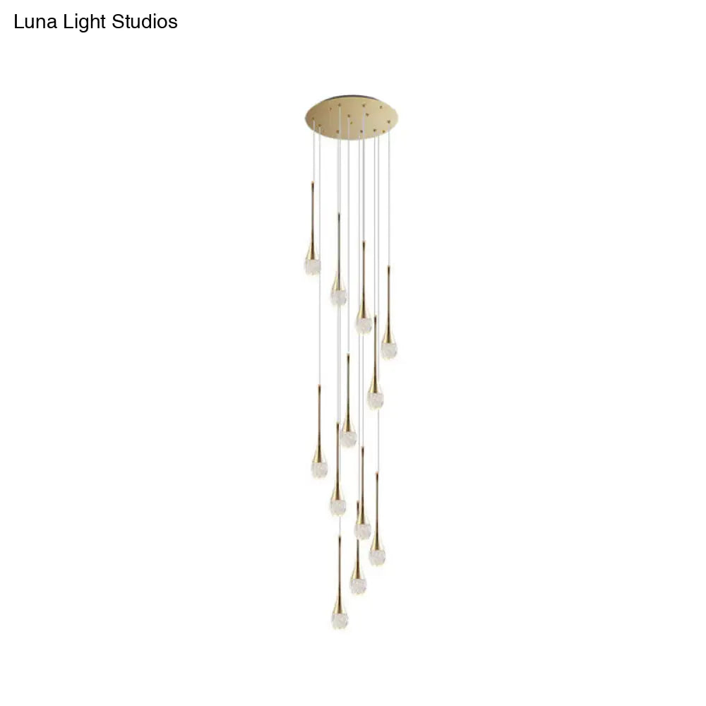 Modern Brass Crystal Hanging Led Pendant Lights - Long Cone Cascade Design For Stairwell 12 /