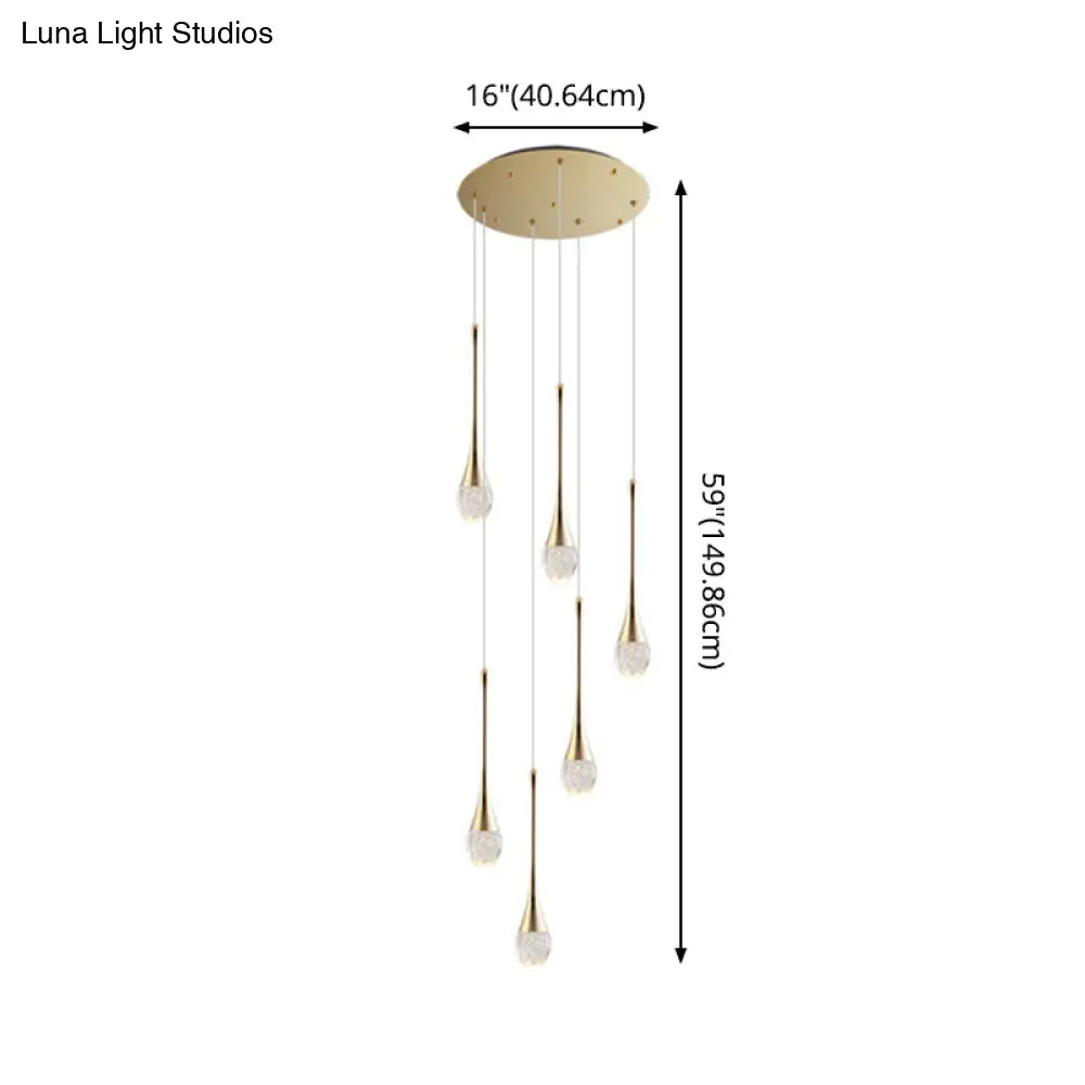 Brass Crystal Cone Pendant Light Set With Long Led Cascade - Perfect For Stairwell