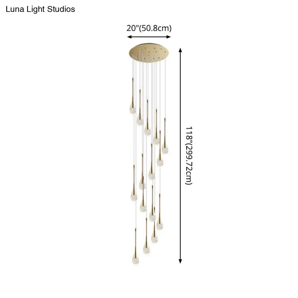 Modern Brass Crystal Hanging Led Pendant Lights - Long Cone Cascade Design For Stairwell