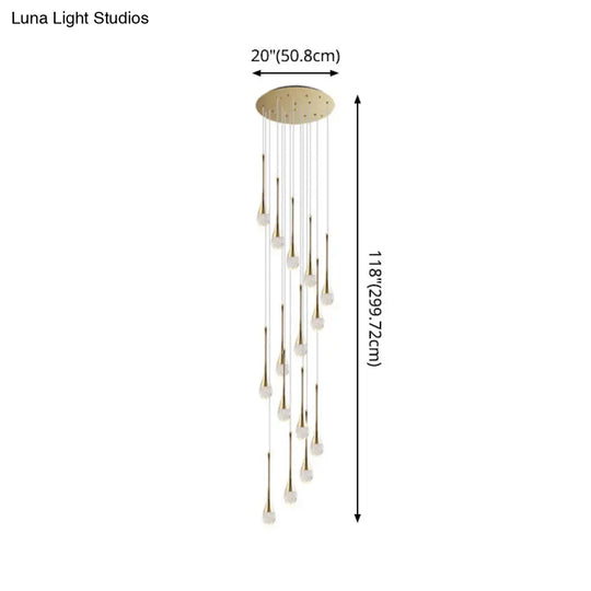 Modern Brass Crystal Hanging Led Pendant Lights - Long Cone Cascade Design For Stairwell