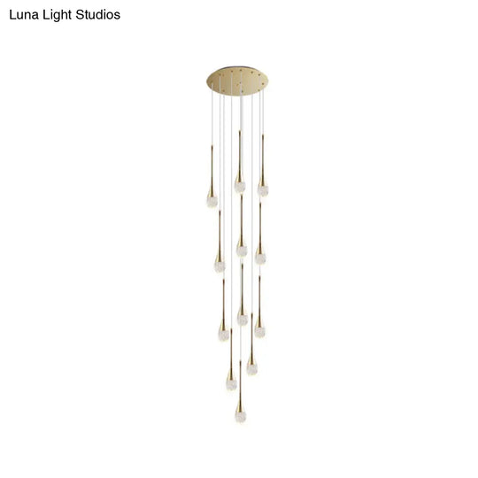 Modern Brass Crystal Hanging Led Pendant Lights - Long Cone Cascade Design For Stairwell