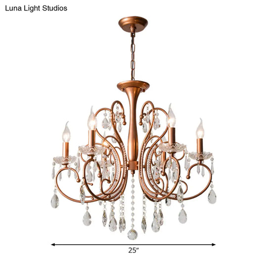 Brass Crystal Curvy Chandelier Lamp With Countryside Charm - 3/6/8 Lights