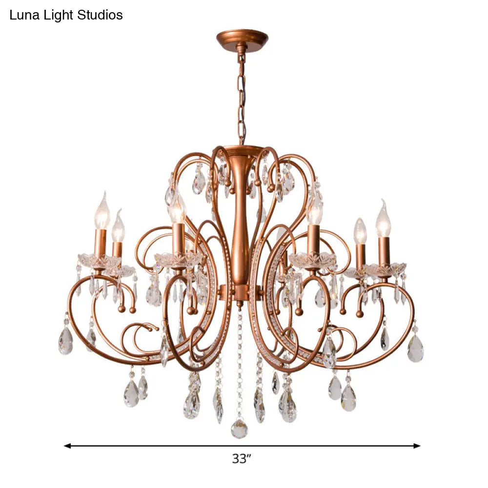 Brass Crystal Curvy Chandelier Lamp With Countryside Charm - 3/6/8 Lights