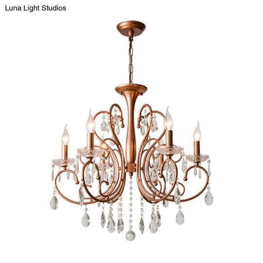 Brass Crystal Curvy Chandelier Lamp With Countryside Charm - 3/6/8 Lights