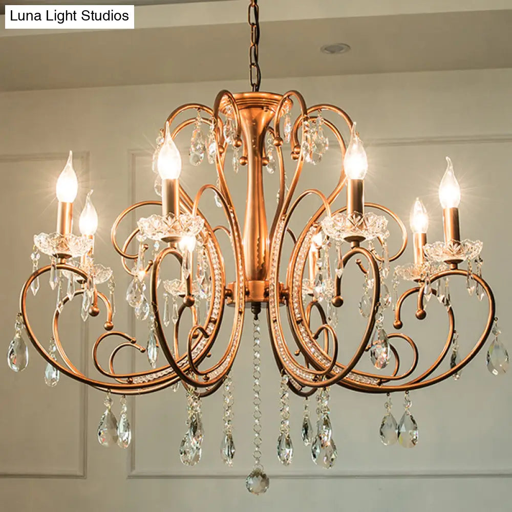 Brass Crystal Curvy Chandelier Lamp With Countryside Charm - 3/6/8 Lights