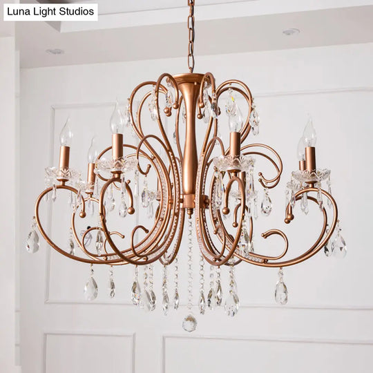 Brass Crystal Curvy Chandelier Lamp With Countryside Charm - 3/6/8 Lights