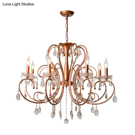 Brass Crystal Curvy Chandelier Lamp With Countryside Charm - 3/6/8 Lights