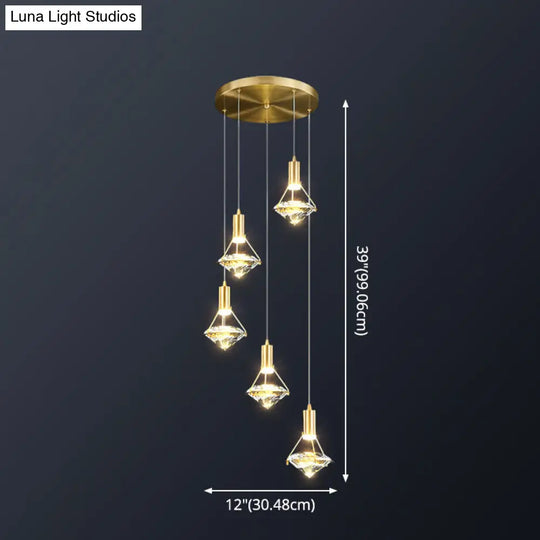 Modern Brass Crystal Pendant Light With Diamond Design - Led Bedroom Ceiling Lighting
