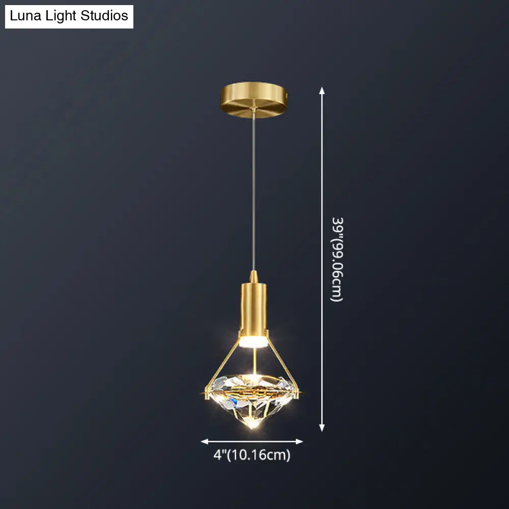 Modern Brass Crystal Pendant Light With Diamond Design - Led Bedroom Ceiling Lighting