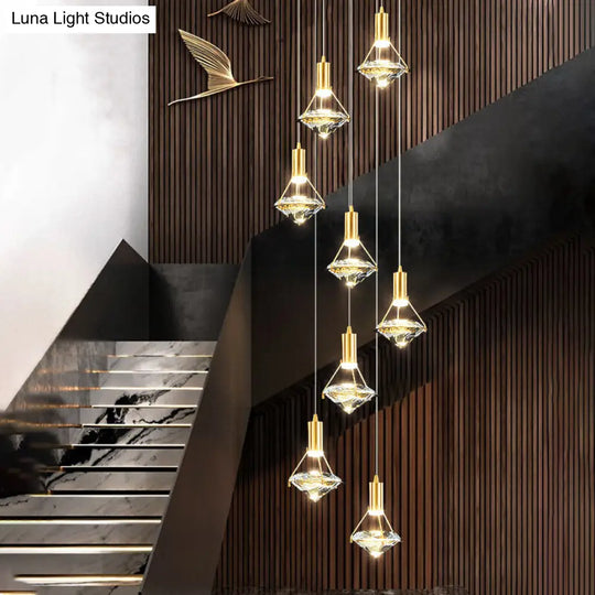 Modern Brass Crystal Pendant Light With Diamond Design - Led Bedroom Ceiling Lighting