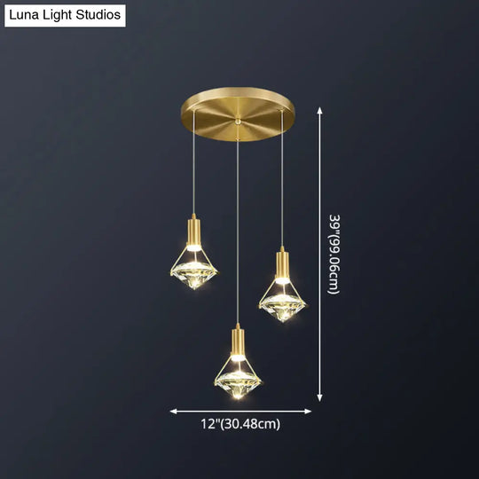 Modern Brass Crystal Pendant Light With Diamond Design - Led Bedroom Ceiling Lighting