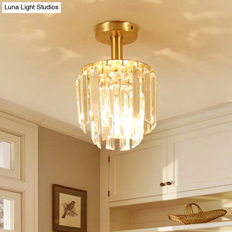 Brass Crystal Semi Flush Mount Ceiling Light For Porch - Simple Drum Design Clear 1 - Light