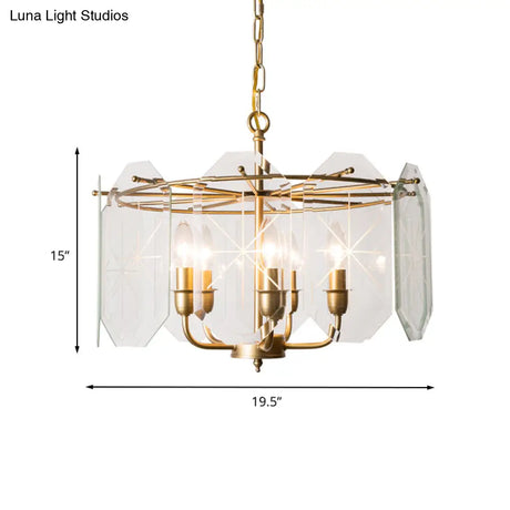 Brass Cylinder Ceiling Chandelier With Clear Glass Modern Design 5 Heads Hanging Light Fixture -