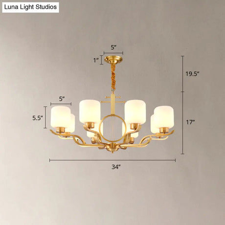 Brass Cylinder Milk Glass Chandelier Pendant Light For Traditional Living Rooms