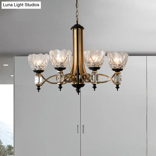 Brass Dome Chandelier With Clear Glass Shades - Modern 5 Heads Pendant Light Fixture