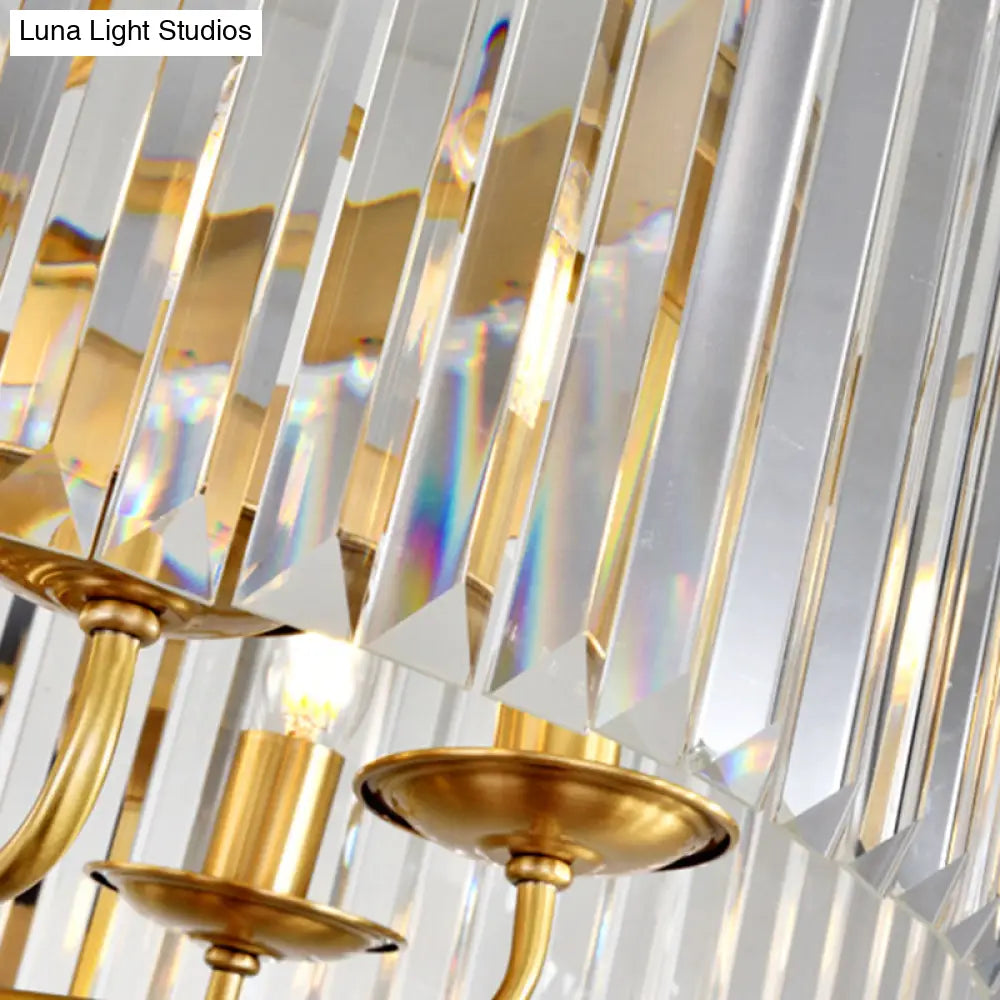 Modern Brass Drum Pendant Chandelier With Faceted Crystal - 3-Bulb Ceiling Hanging Light